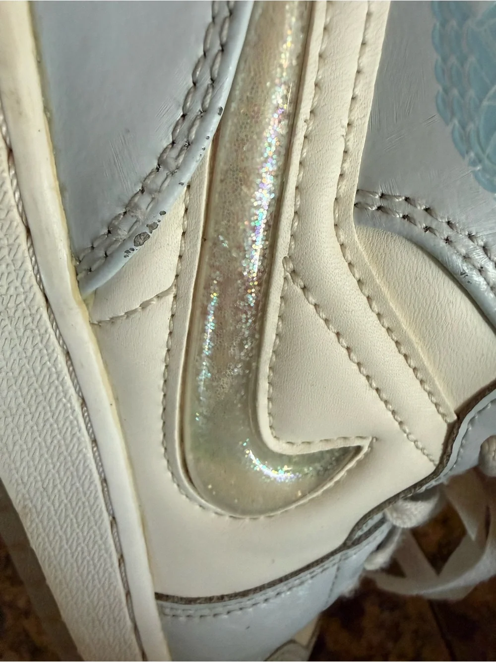 Jordan Kids High-Top Sneakers in Light Blue and Cream, Sz 4Y, holographic